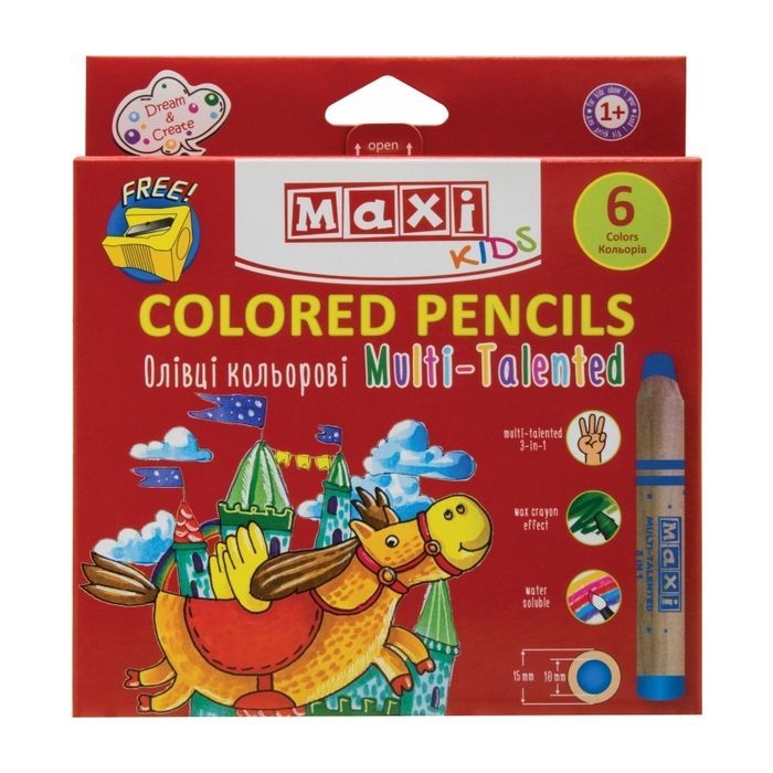 Карандаши цветные Maxi Multi-Talented 3 в 1, 6 цветов с чинкой, круглые (MX15171)