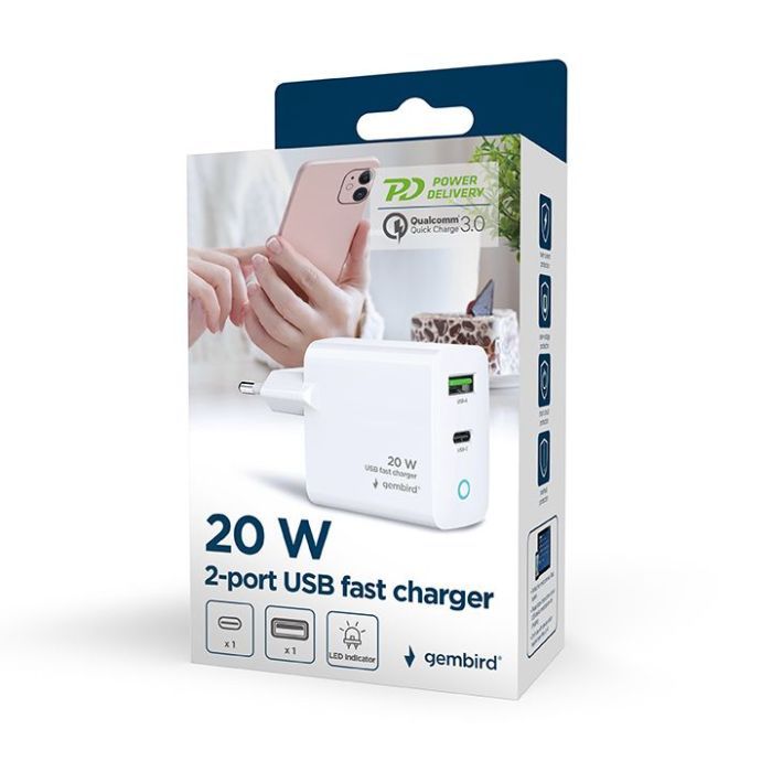 Зарядний пристрій Gembird 1xUSB-A + 1 Type-C (PD20Вт + QC3.0 18Вт) white (TA-UC-PDQC20L-W-01) зображення 7