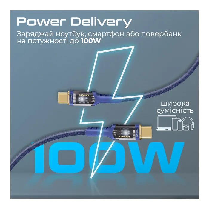 Дата кабель USB-C to USB-C lucidline-cc120.navy Promate (lucidline-cc120.navy) изображение 3