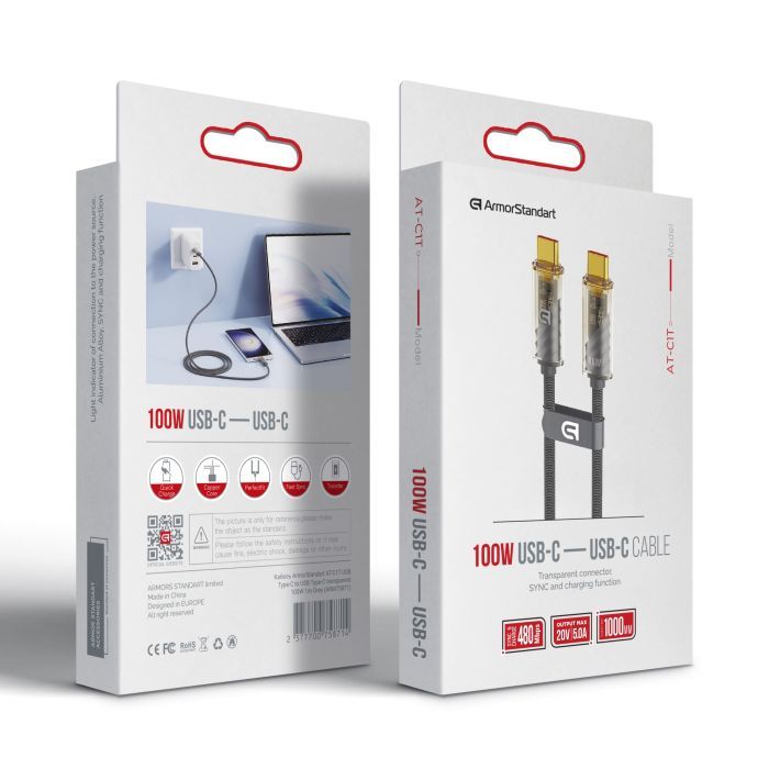 Дата кабель USB-C to USB-C 1.0m transparent 100W grey Armorstandart (ARM75871) изображение 2
