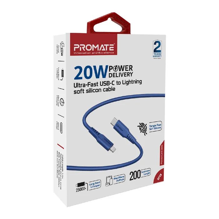 Дата кабель USB-C to Lightning 2.0m 3A PowerLink-200 blue Promate (powerlink-200.blue) изображение 2