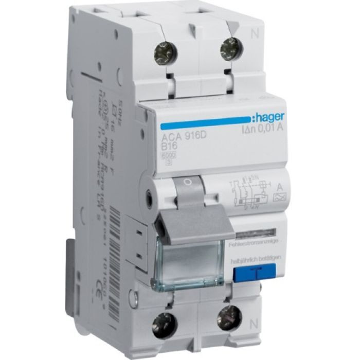 Дифференциальный автоматический выключатель Hager 1-п.+N 16A B 10mA (6kA) A (B) (ACA916D)
