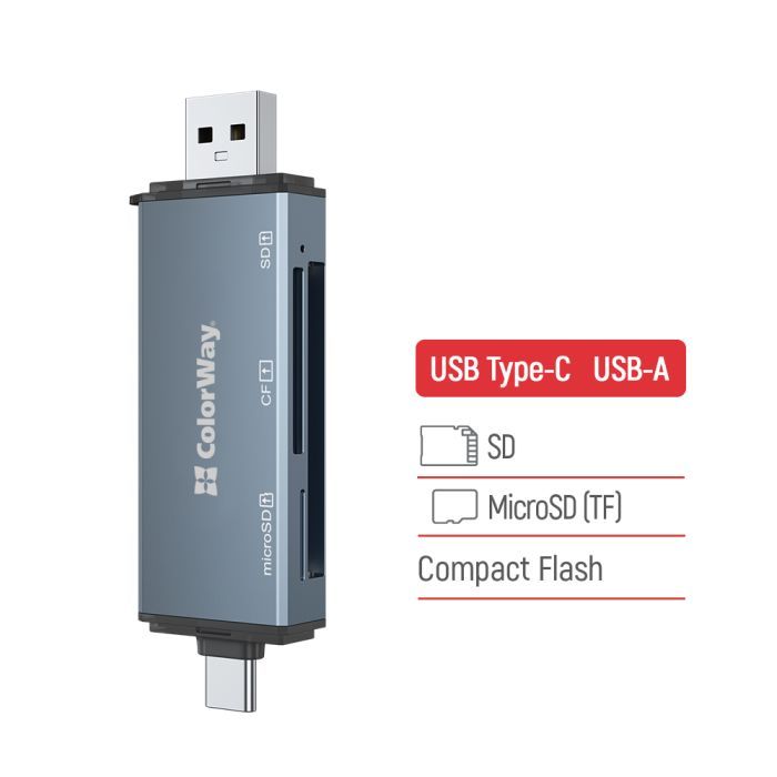 Зчитувач флеш-карт ColorWay USB 2.0/USB-C to CF/SD/MicroSD (CW-CR-01) зображення 4