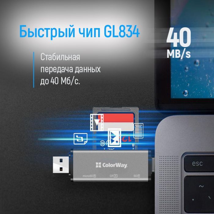 Зчитувач флеш-карт ColorWay USB 2.0/USB-C to CF/SD/MicroSD (CW-CR-01) зображення 6