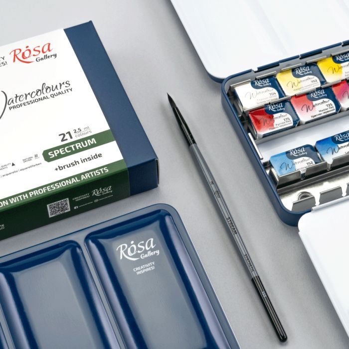 Акварельні фарби Rosa Gallery SPECTRUM, 14*2,5мл, з пензлем, кювета Індіго металевий пенал (4823098544760) зображення 3
