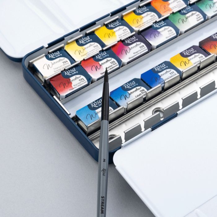 Акварельні фарби Rosa Gallery SPECTRUM, 14*2,5мл, з пензлем, кювета Індіго металевий пенал (4823098544760) зображення 4