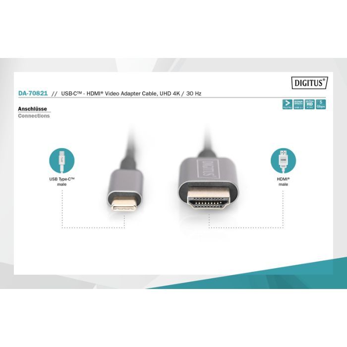 Кабель мультимедийный USB-C to HDMI M 1.8m UHD 4K Digitus (DA-70821) изображение 6