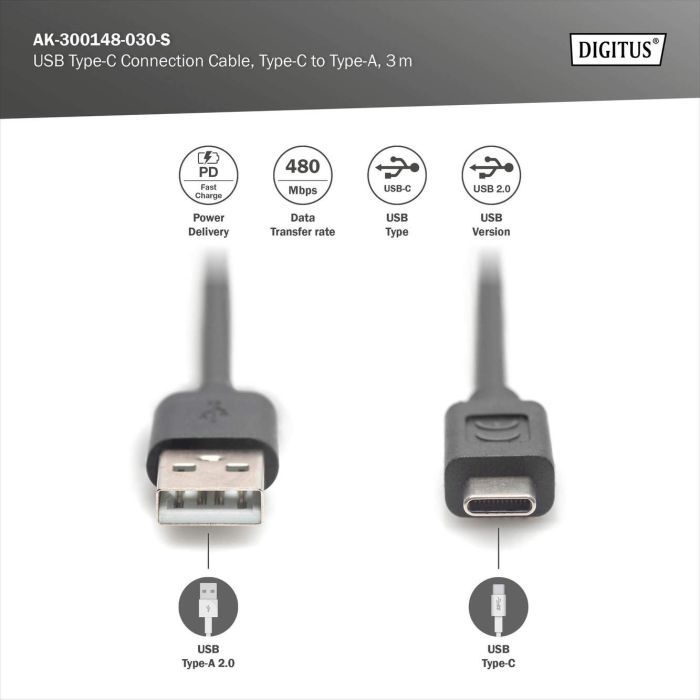 Дата кабель USB 2.0 AM to USB-C 3.0m black Digitus (AK-300148-030-S) изображение 4