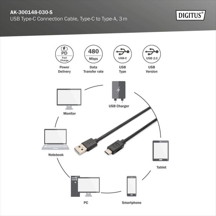 Дата кабель USB 2.0 AM to USB-C 3.0m black Digitus (AK-300148-030-S) изображение 5