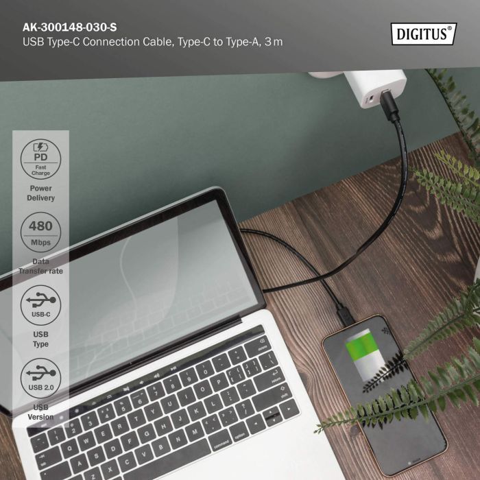 Дата кабель USB 2.0 AM to USB-C 3.0m black Digitus (AK-300148-030-S) изображение 6