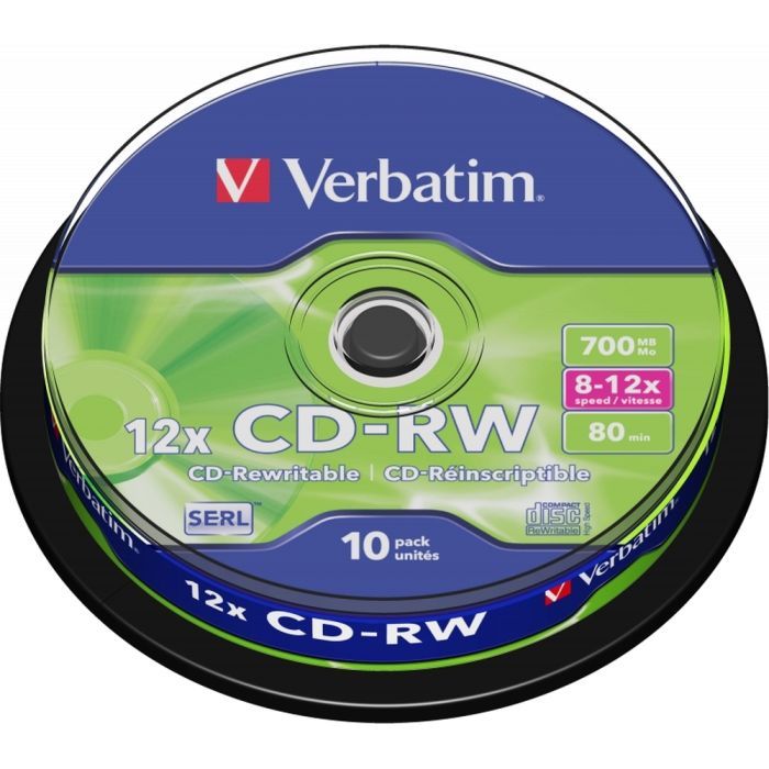 Диск CD Verbatim CD-RW 700Mb 12x Cake box 10шт (43480)