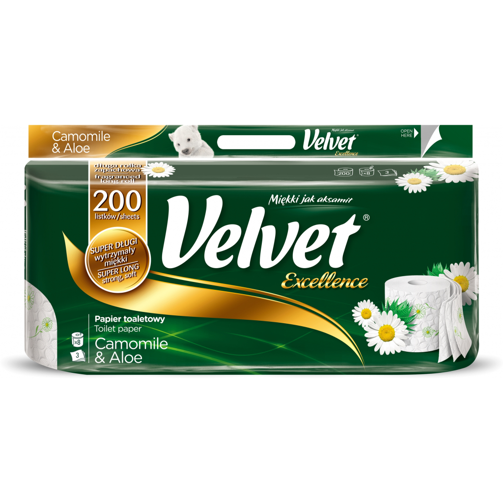 Туалетная бумага Velvet Excellence Ромашка и алоэ 3 слоя 8 рулонов 200 отрывов (5901478995476)