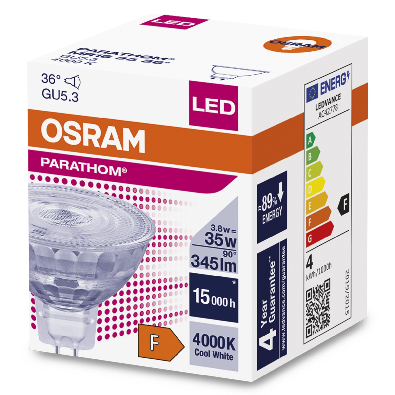Лампочка Osram LED MR16 12V 3.8W (345Lm) 12V 4000K GU5.3 (4058075796676) зображення 4