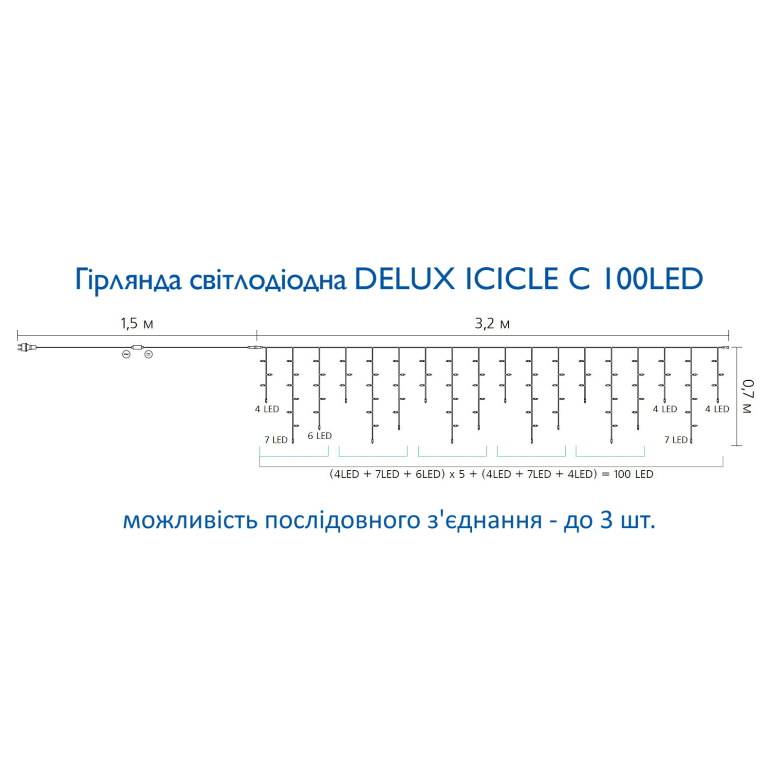 Гирлянда Delux ICICLE С 100 LED 3,2x0,7m синий/прозрачный IP20 (90015253) изображение 4