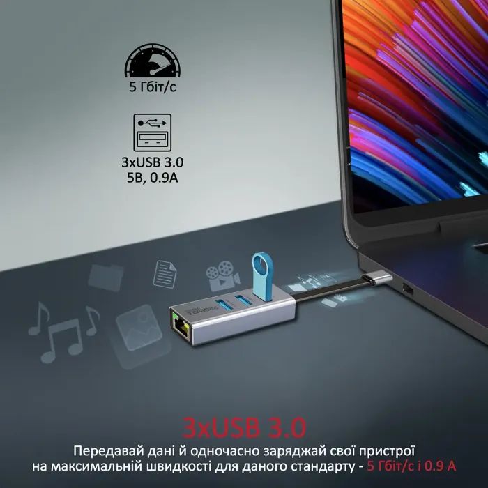 Концентратор Promate USB Hub 4 ports gigahub-c.grey (gigahub-c.grey) зображення 2