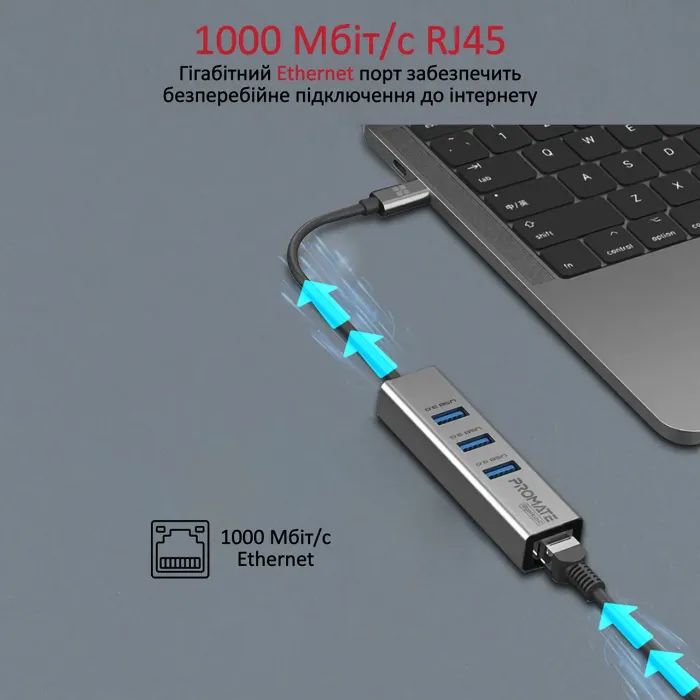 Концентратор Promate USB Hub 4 ports gigahub-c.grey (gigahub-c.grey) зображення 3