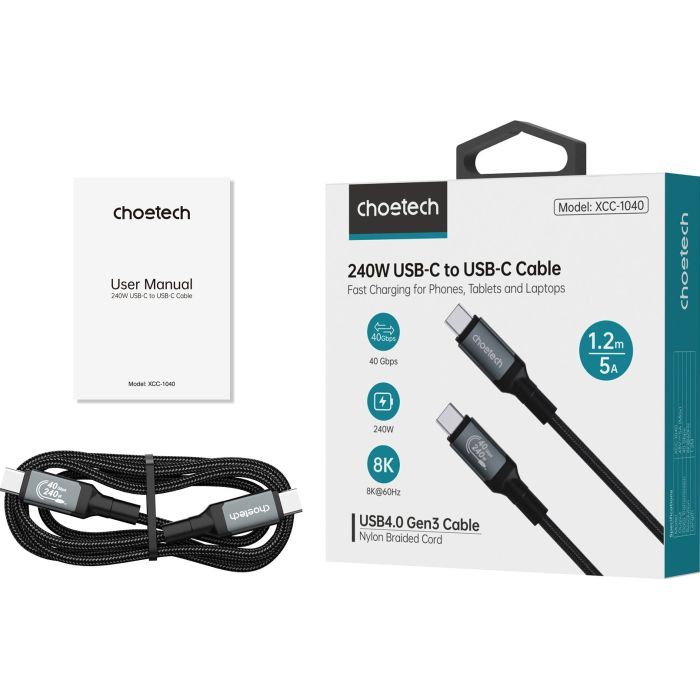 Дата кабель USB-C to USB-C 1.2m USB4.0 Gen3 240W (8K HDR) Choetech (XCC-1040-GY) изображение 4