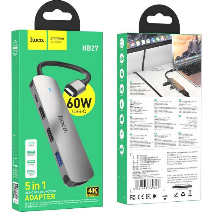 Концентратор HOCO USB-C to HDMI+USB3.0+2xUSB2.0+PD HB27 Metal Gray (6931474769329) изображение 4