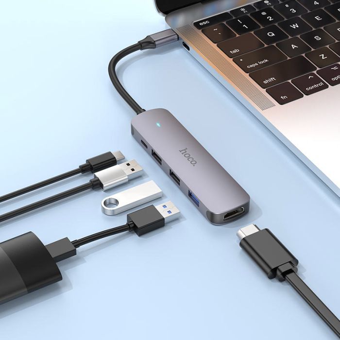 Концентратор HOCO USB-C to HDMI+USB3.0+2xUSB2.0+PD HB27 Metal Gray (6931474769329) изображение 5