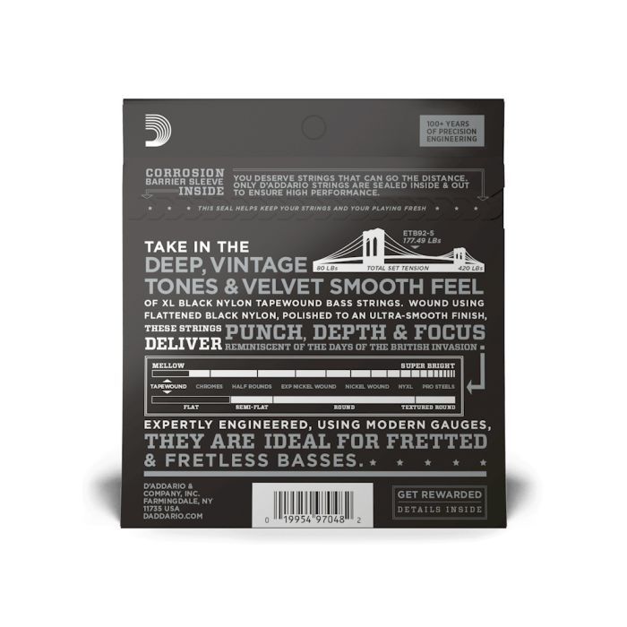 Струны для гитары D'Addario XL Nylon Tapewound 5-String Bass (50-135) (ETB92-5) изображение 3