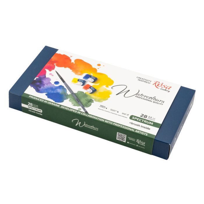 Акварельні фарби Rosa Gallery SPECTRUM, 14*2,5мл, з пензлем, кювета Індіго металевий пенал (4823098544760)