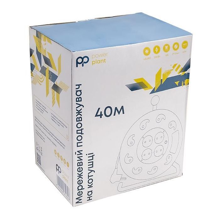 Сетевой удлинитель PowerPlant катушка 40 м, 2x1.0мм2, 8А, 4 розетки (JY-2000/40) (PPRA08M400S4) изображение 4