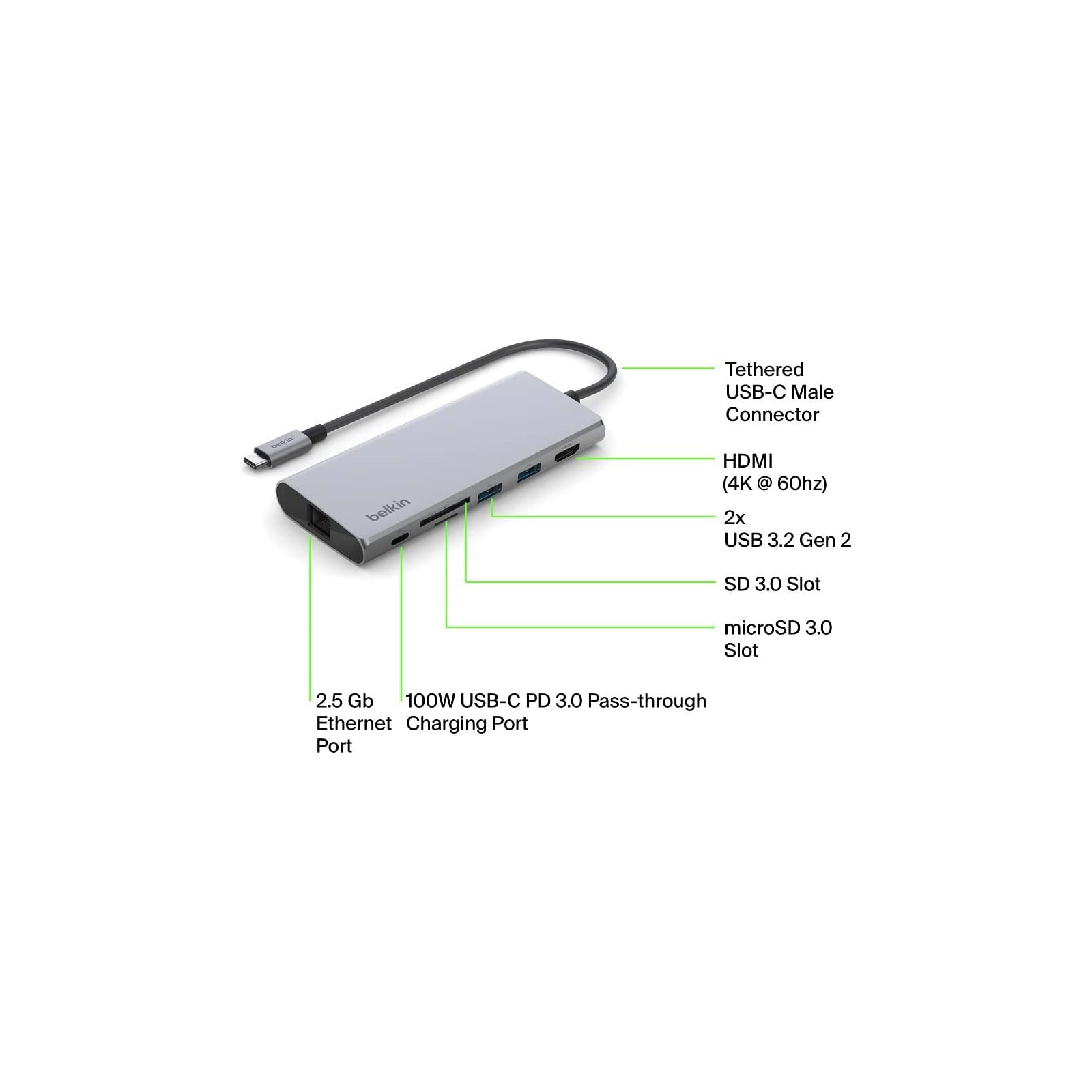 Концентратор USB-C 7in1 Ethernet Multiport Dock Belkin (INC009BTSGY) изображение 2
