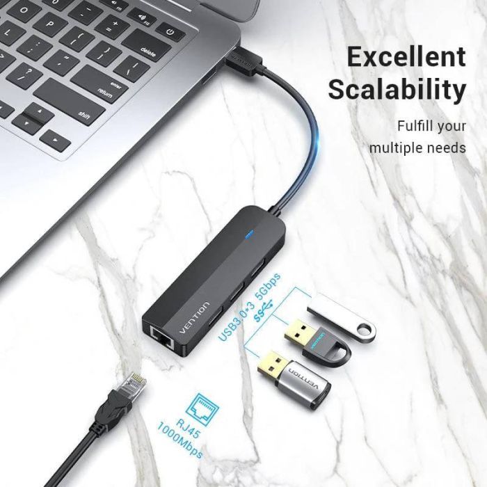 Концентратор Vention USB 3.0 to 3хUSB 3.0/RJ45 Gigabit black (CHNBB) зображення 3