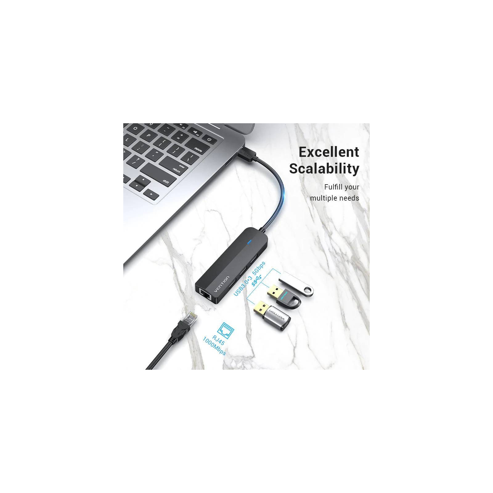 Концентратор Vention USB 3.0 to 3хUSB 3.0/RJ45 Gigabit black (CHNBB) зображення 3