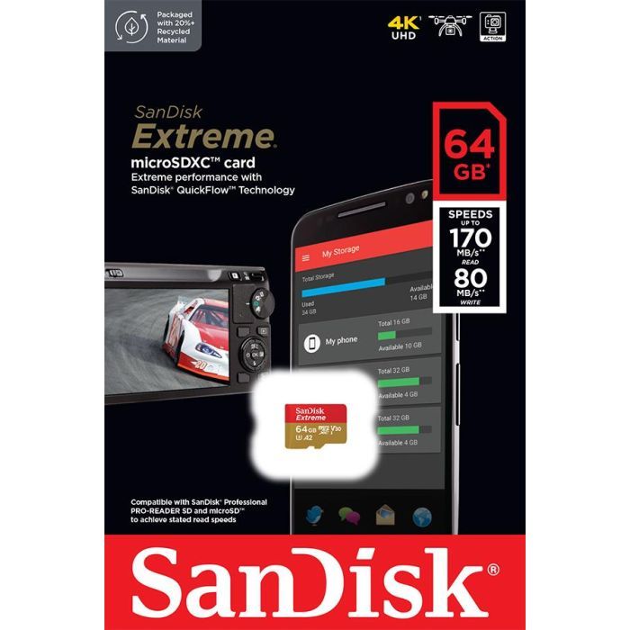 Карта памяти SanDisk 64GB microSD class 10 UHS-I U3 V30 Extreme (SDSQXAH-064G-GN6MN) изображение 2