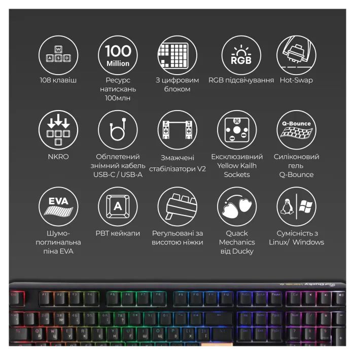 Клавиатура Ducky One 3 TKL Cherry MX Speed Silver RGB UA USB Black (DKON2187ST-PUAPXCLAWSC1) изображение 4