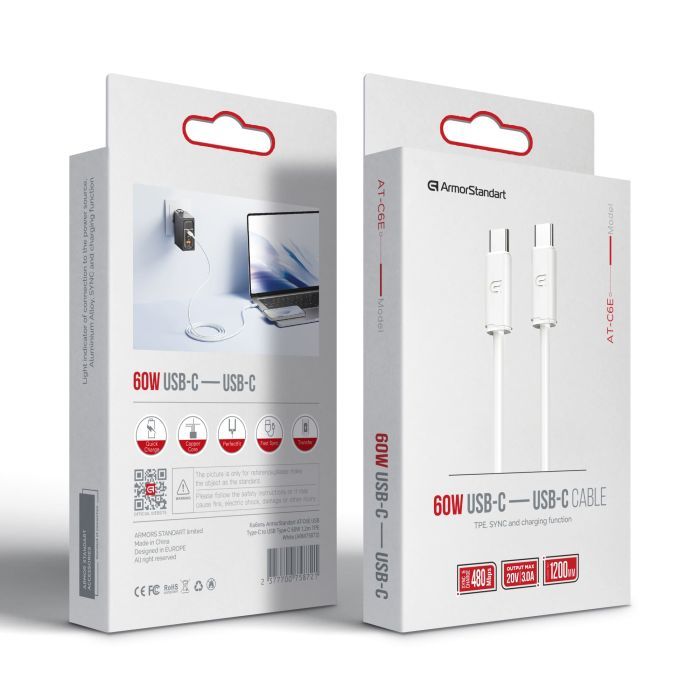 Дата кабель USB-C to USB-C 1.2m TPE 60W white Armorstandart (ARM75872) зображення 2
