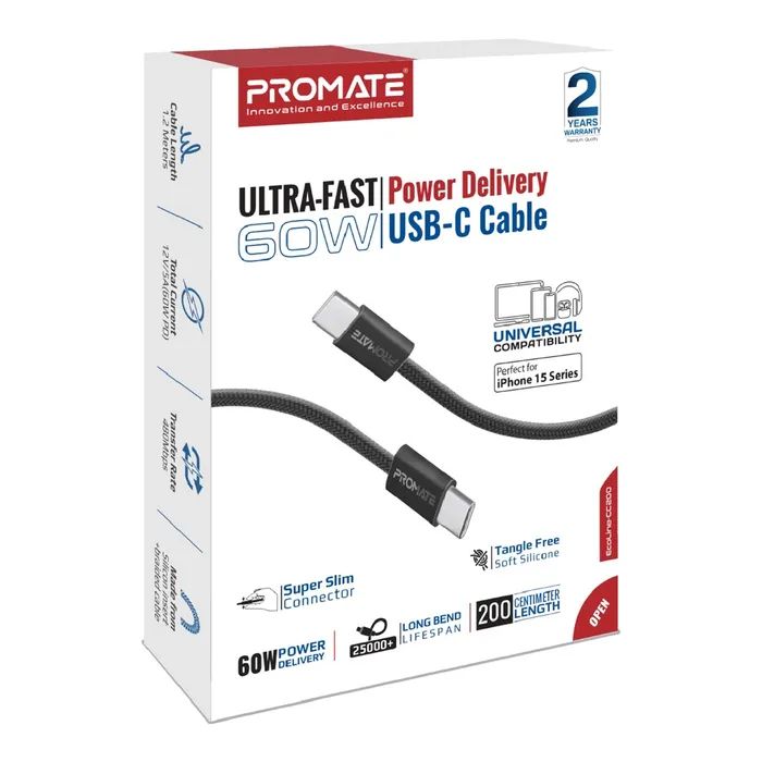 Дата кабель USB-C to USB-C 2.0m 60W PD EcoLine-CC200 black Promate (ecoline-cc200.black) изображение 2