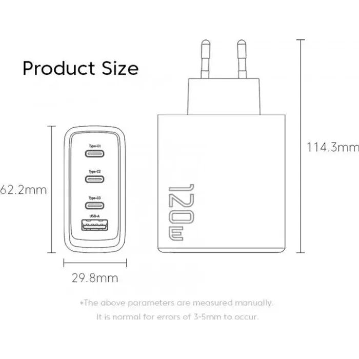 Зарядний пристрій Essager 3xUSB-C + 1xUSB 120W GaN (ECT3CA-JZB01-Z) зображення 7