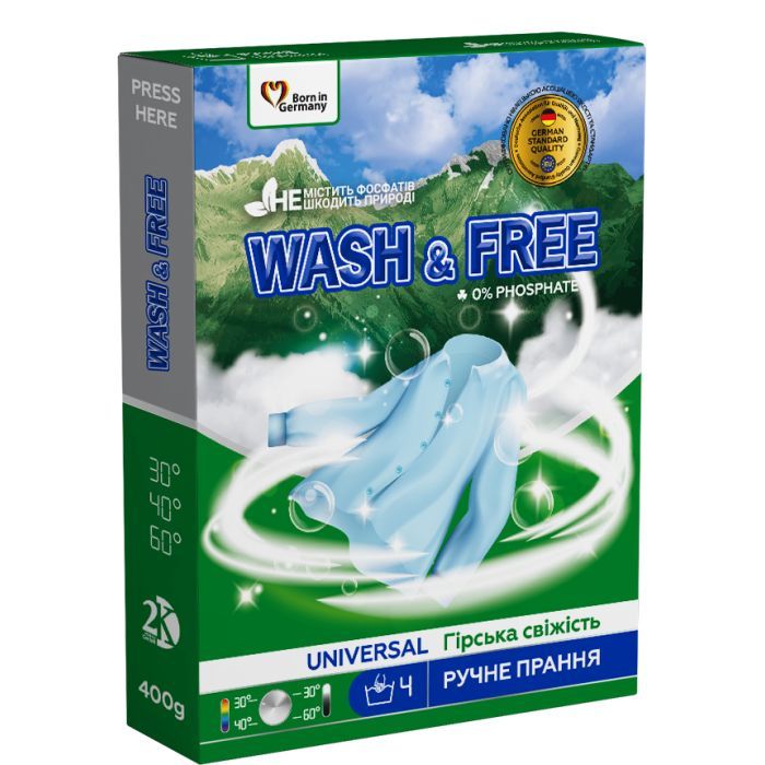 Стиральный порошок Wash&Free Universal Горная свежесть Для ручной стирки 400 г (4262396143334)