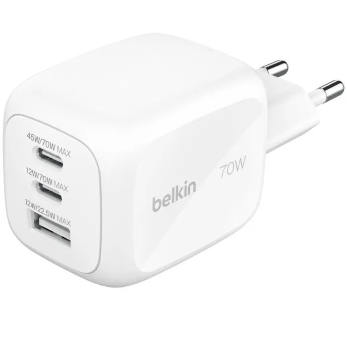 Зарядное устройство Belkin 2xUSB-C + 1xUSB PD70W PPS GaN white (WCH018HQWH)