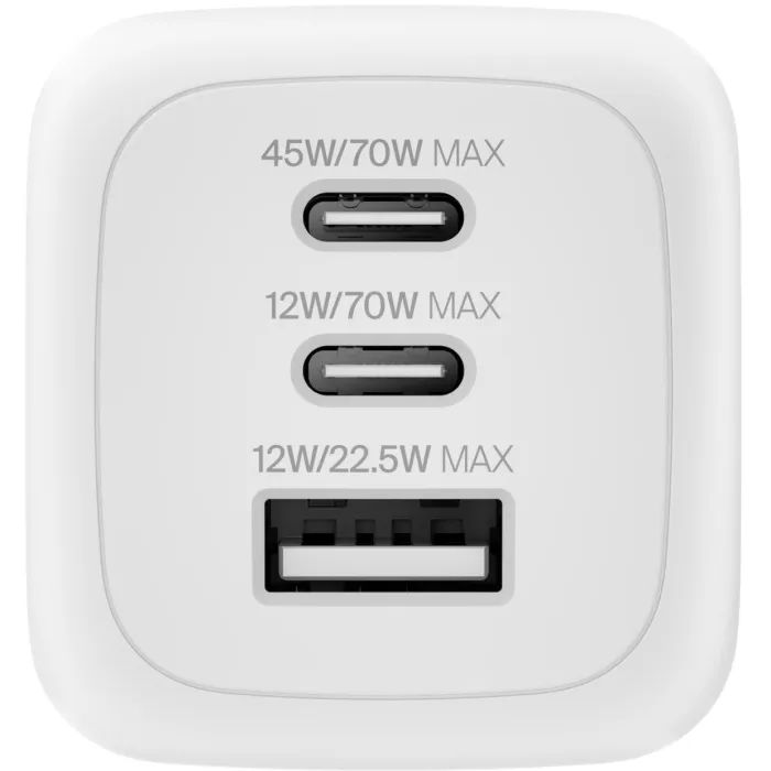 Зарядное устройство Belkin 2xUSB-C + 1xUSB PD70W PPS GaN white (WCH018HQWH) изображение 3