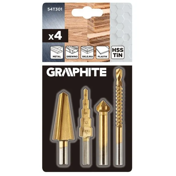 Набор сверл Graphite TiN, ступенчатое, развертка, фреза, зенкер, 4шт, 0.098кг (54T301) изображение 9
