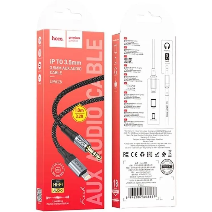 Кабель мультимедійний Lightning to 3.5mm M 1.0m nylon UPA26 black HOCO (6942007608817) зображення 3