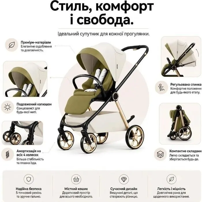 Коляска Kidilo 2в1 Haolaifu H3 Khahi Хакі (6928270766423) (1195571) изображение 7