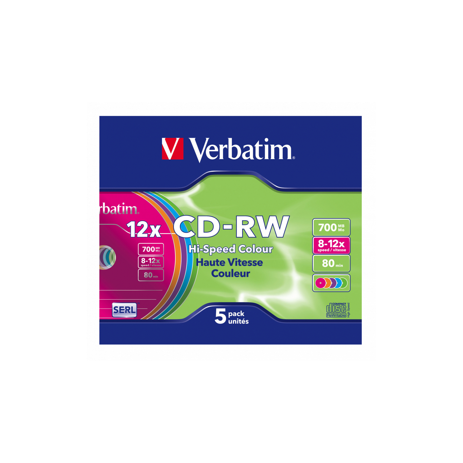 Диск CD Verbatim CD-RW 700Mb 12X SlimBox 5шт Color (43167) зображення 7