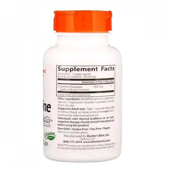 Аминокислота Doctor's Best L-Карнитин Фумарат, L-Carnitine Fumarate, 855 мг, 60 капсул (DRB-00106) изображение 2