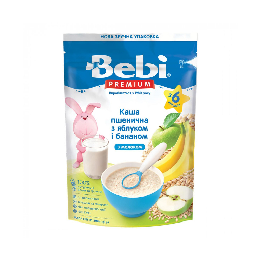 Дитяча каша Bebi Premium молочна пшенична з яблуком та бананом +6 міс. 200 г (8606019654344)