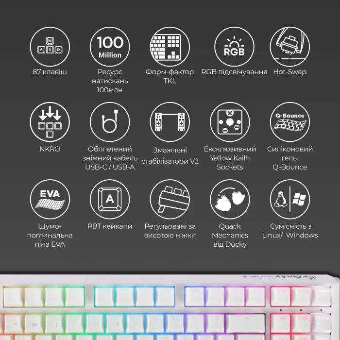 Клавиатура Ducky One 3 TKL Cherry MX Speed Silver RGB UA USB Black (DKON2187ST-PUAPXCLAWSC1) изображение 4