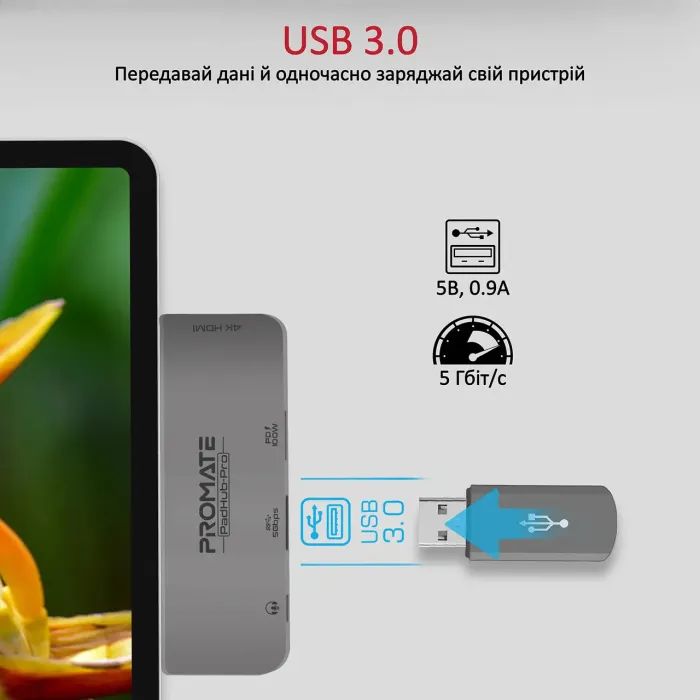 Концентратор Promate USB Hub 4 ports padhub-pro.grey (padhub-pro.grey) зображення 5