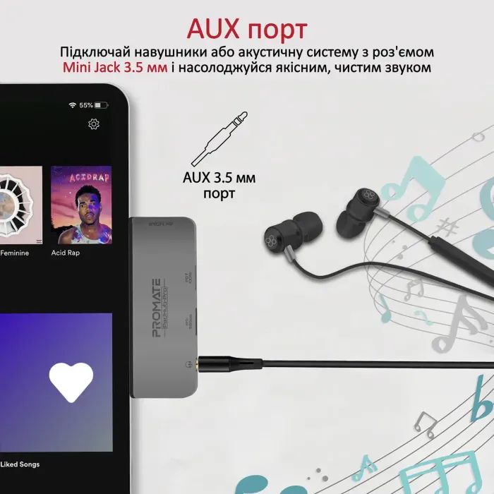 Концентратор Promate USB Hub 4 ports padhub-pro.grey (padhub-pro.grey) зображення 6