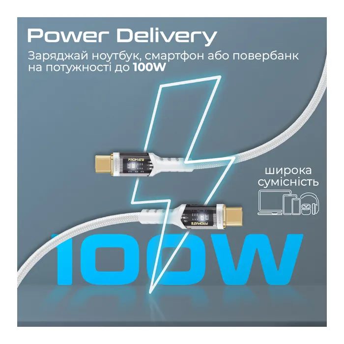 Дата кабель USB-C to USB-C lucidline-cc200.navy Promate (lucidline-cc200.navy) зображення 3
