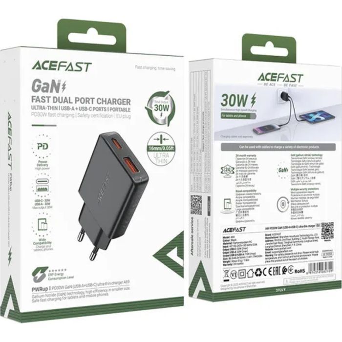 Зарядное устройство Acefast 2xUSB 30W (USB-C+USB-A) Gan A69 ultra-thin Fast Charger Black (6974316282709) изображение 4
