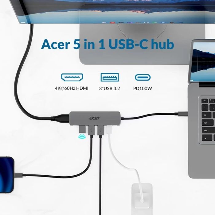 Концентратор Acer USB-C 5-in-1 3xUSB 3.0 + HDMI + USB-C gray (HP.DSCAB.021) изображение 2