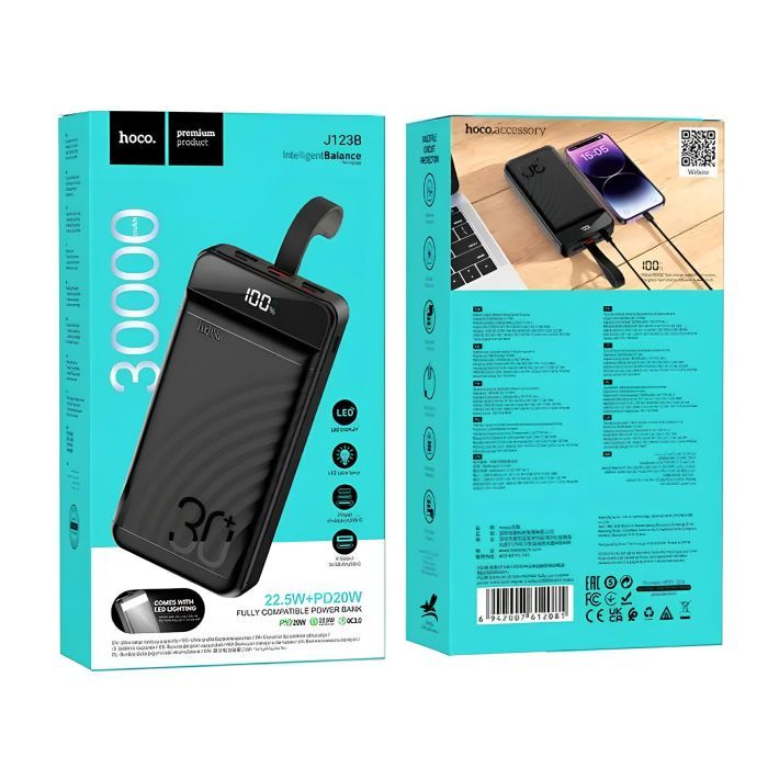 Батарея универсальная HOCO 30000mAh Element PD/20W, QC/22.5W, LED Lamp, Black (J123B / 714735) изображение 5